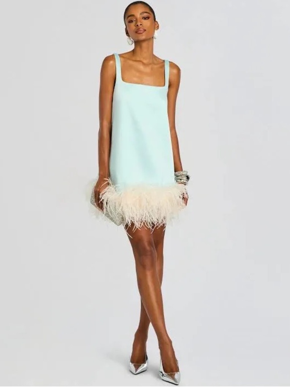 Retrofete Mint Feather-Hem Square-Neck Mini Dress - Picture 2 of 10